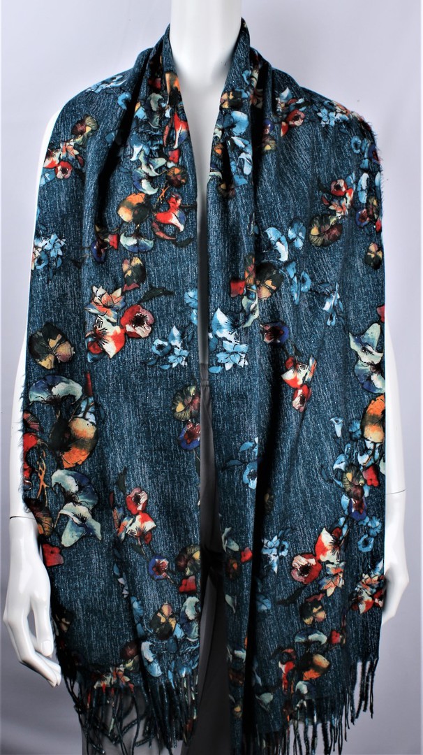 Alice & Lily printed floral  autunm/winter weight scarf/shawl w tasles teal  Style:SC/4721 image 0